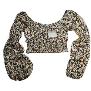 Le Lis Collection Floral Smocked Crop Top Black Yellow Balloon Sleeve Medium